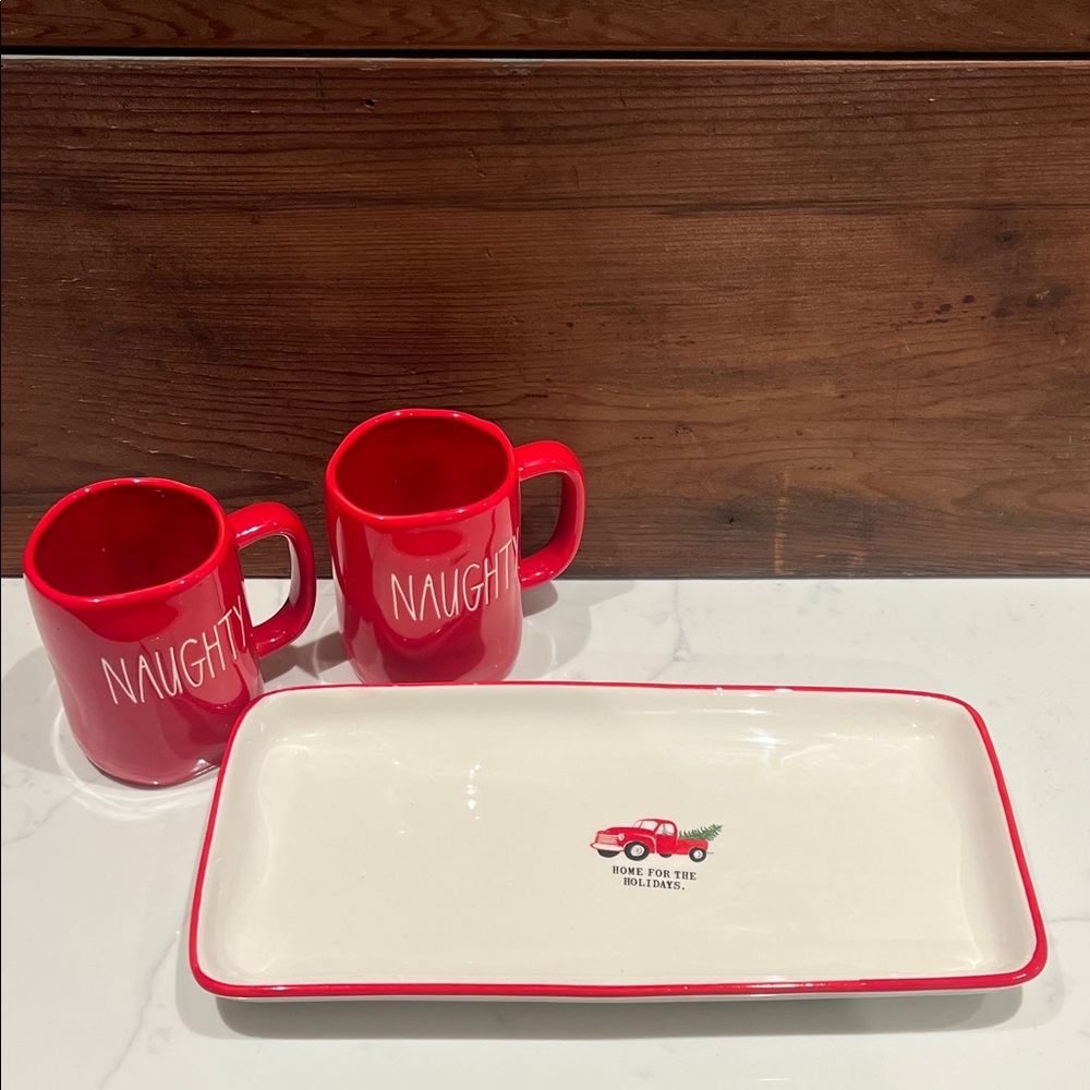 🔥‼️Rae Dunn Red Naughty Mugs with White Tray Set‼️🔥
